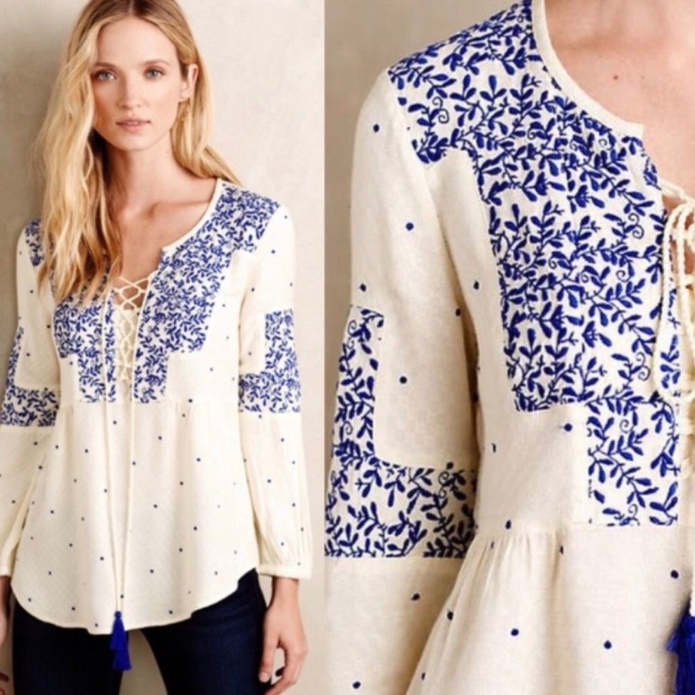 Women's Floral Embroidered Blouse - Cream and Blue - Picture 3 of 8